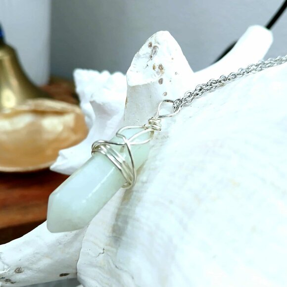 Double Terminated Amazonite Crystal Pendant Necklace - 18" Stainless Steel Boho - Picture 4 of 6